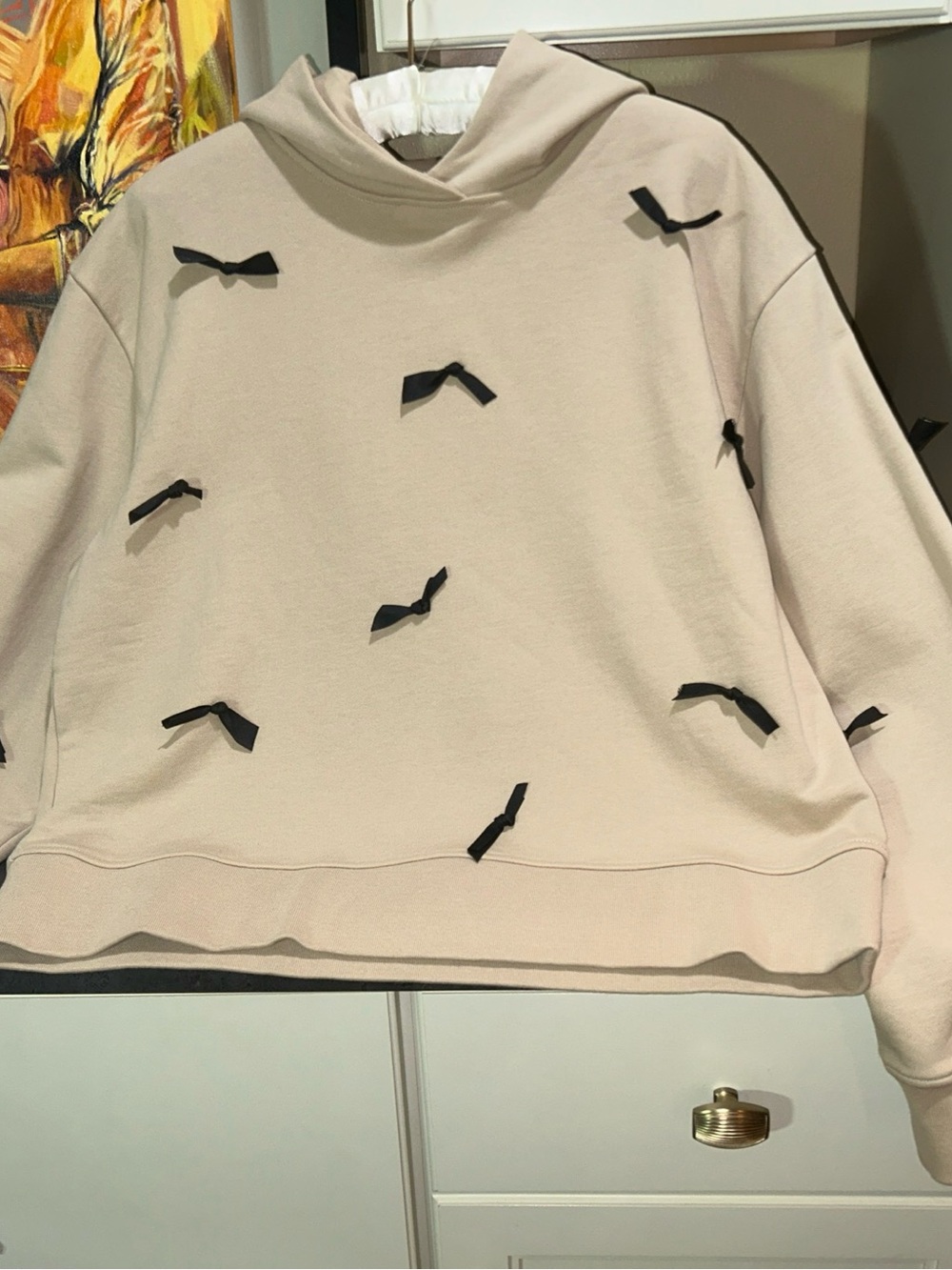 NWOT Sea New York Sweatshirt CREAM BLACK APPLIED BOWS Hoodie Large Cotton Unique
